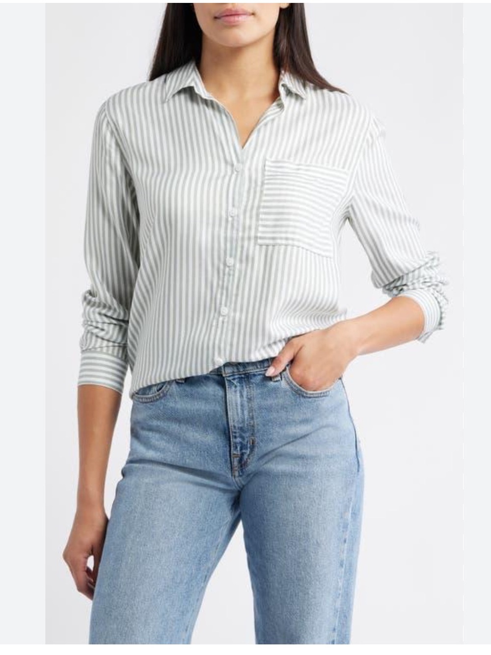 beachlunchlounge Grey and White Striped Button-Down Shirt